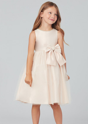 Pearl Neck Satin Tulle Knee Length Flower Girl Dress